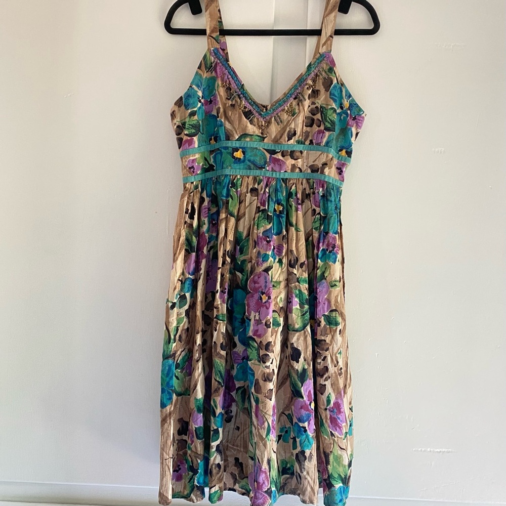 Rare Vintage Y2K NWT Lola P. Bohemian Teal Floral Sundress Beaded Cotton Flowy M